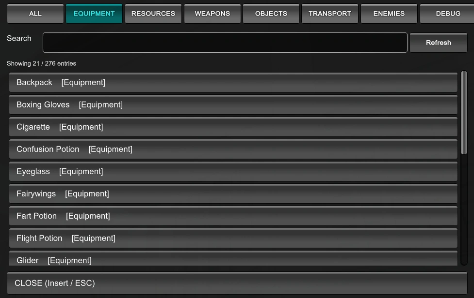spawn menu equipment
