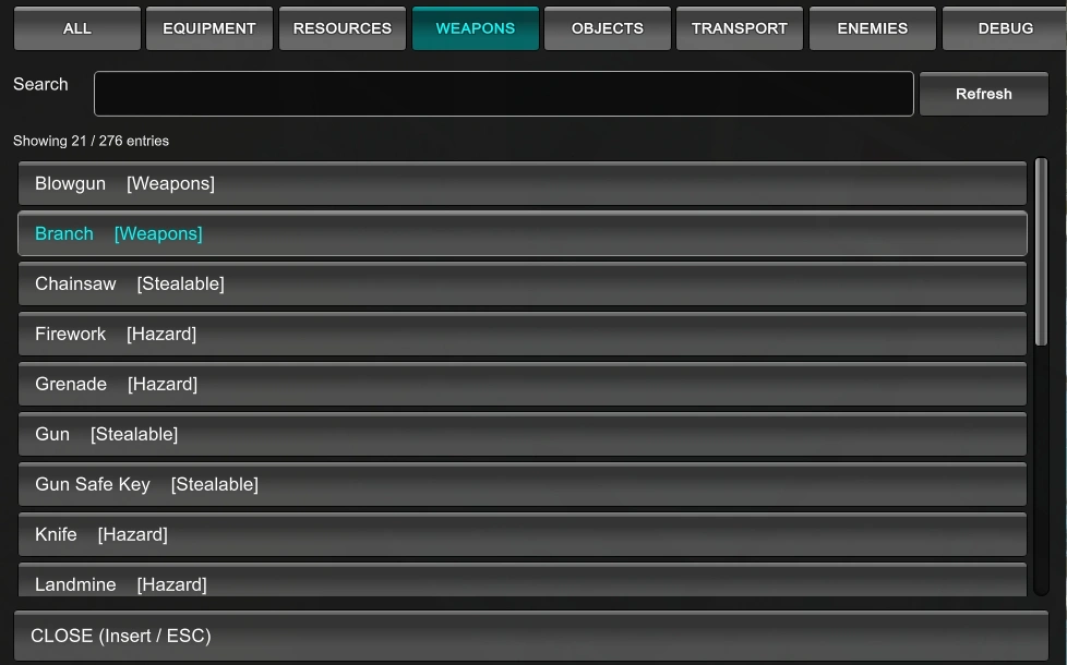 spawn menu weapons